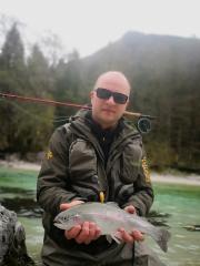 Rainbow trout and Sasa, April fly fishing Slovenia 2019 Soca